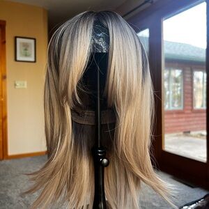 Rooted blonde layered wig-shoulder length hardfront wig